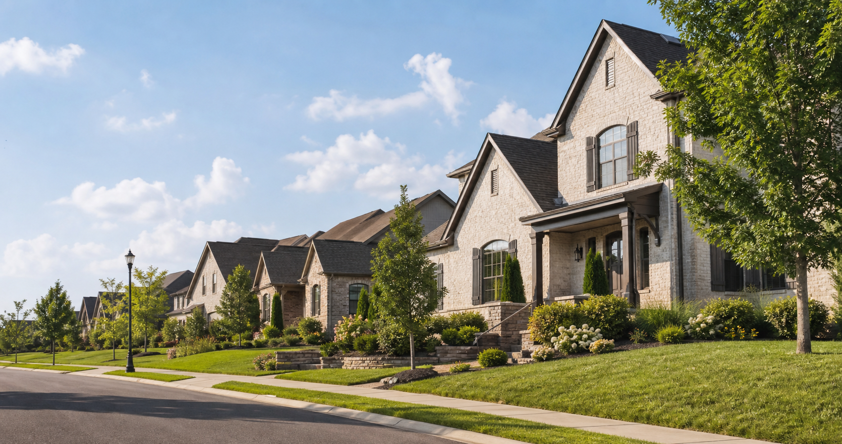 Quiet Lebanon Tennessee neighborhood street with modern homes